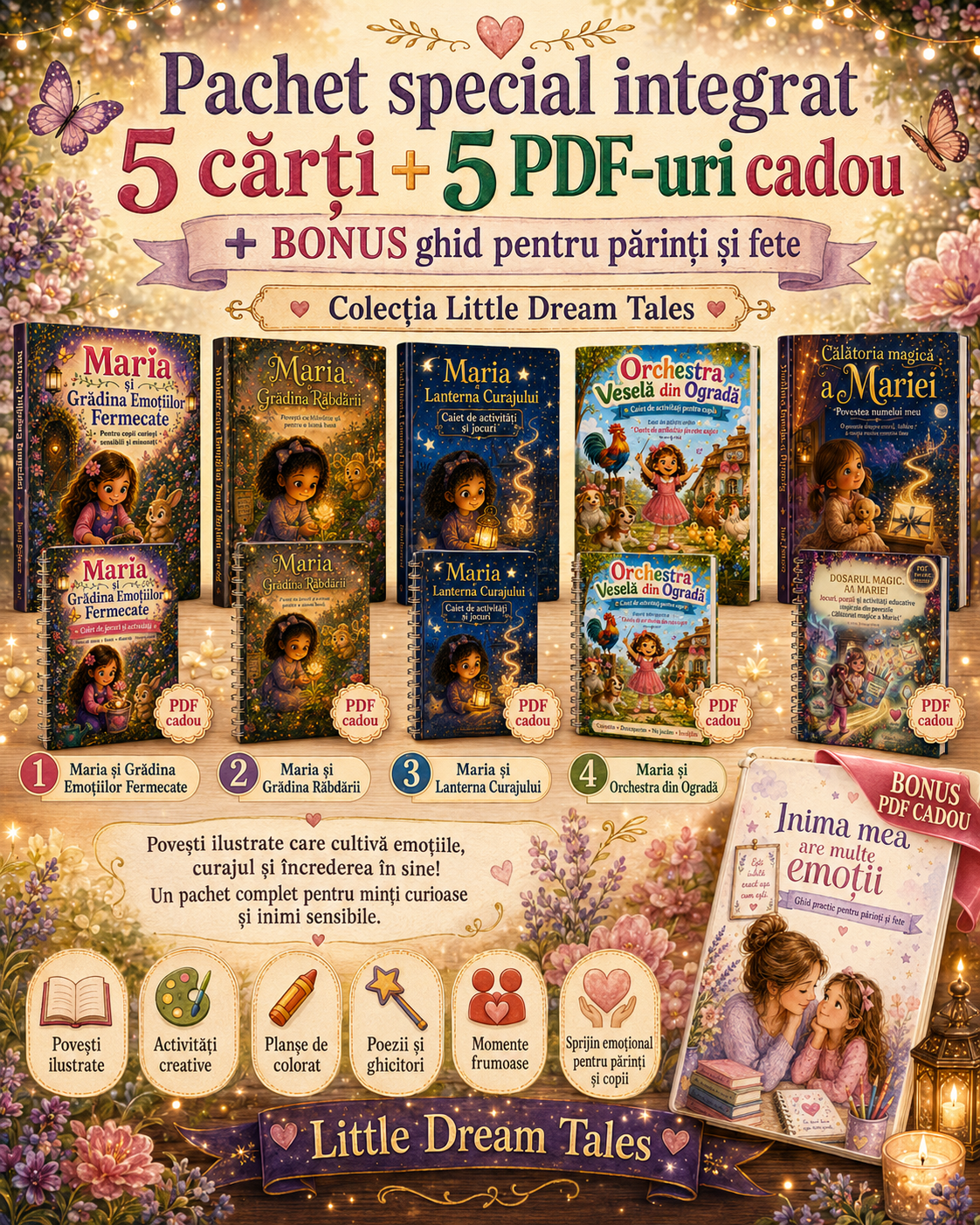 Pachet cărți copii cu activități – 5 cărți Maria și 5 PDF-uri cadou
