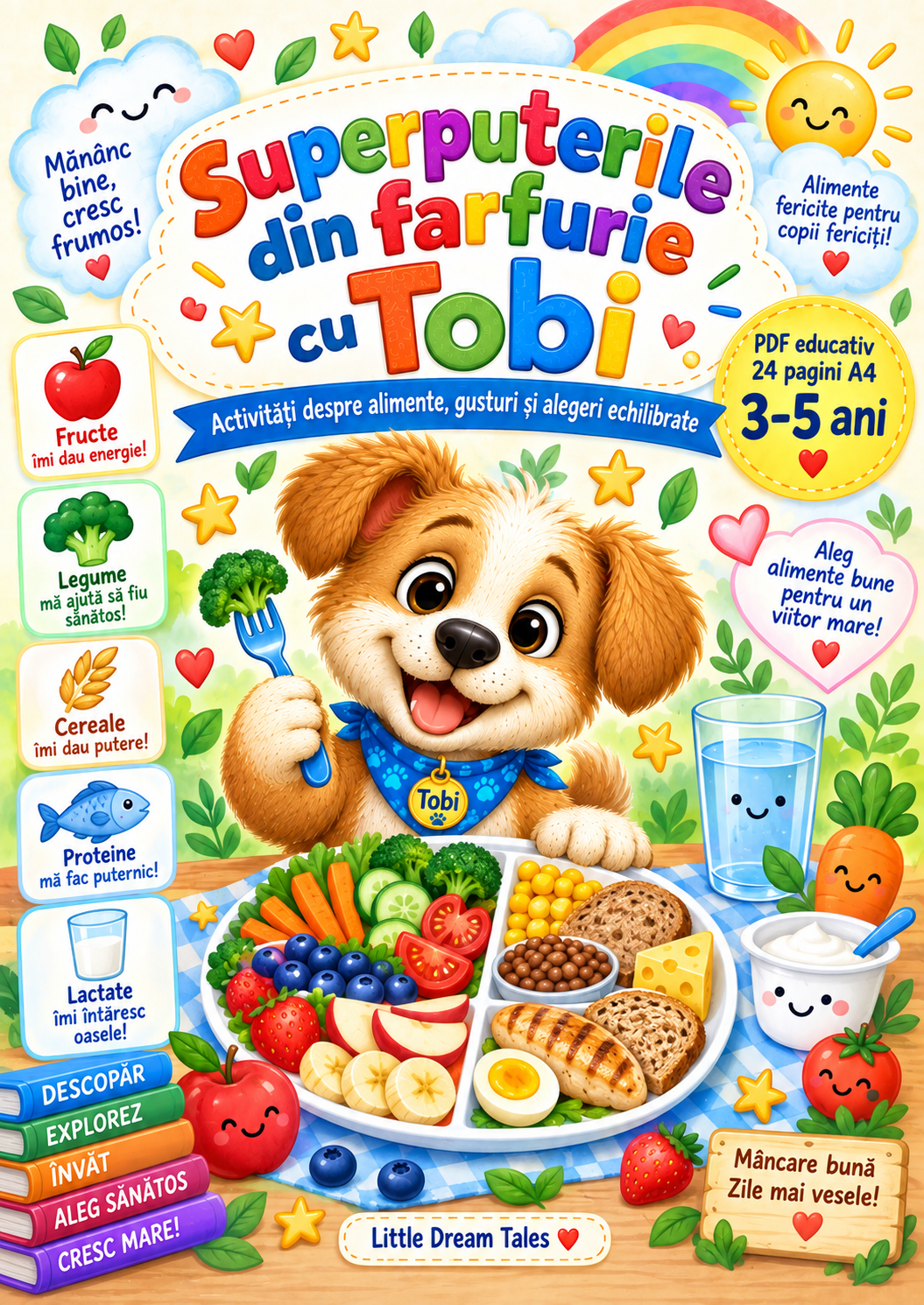 Fise PDF cu Tobi continand activitati despre alimente si nutritie pentru copii.