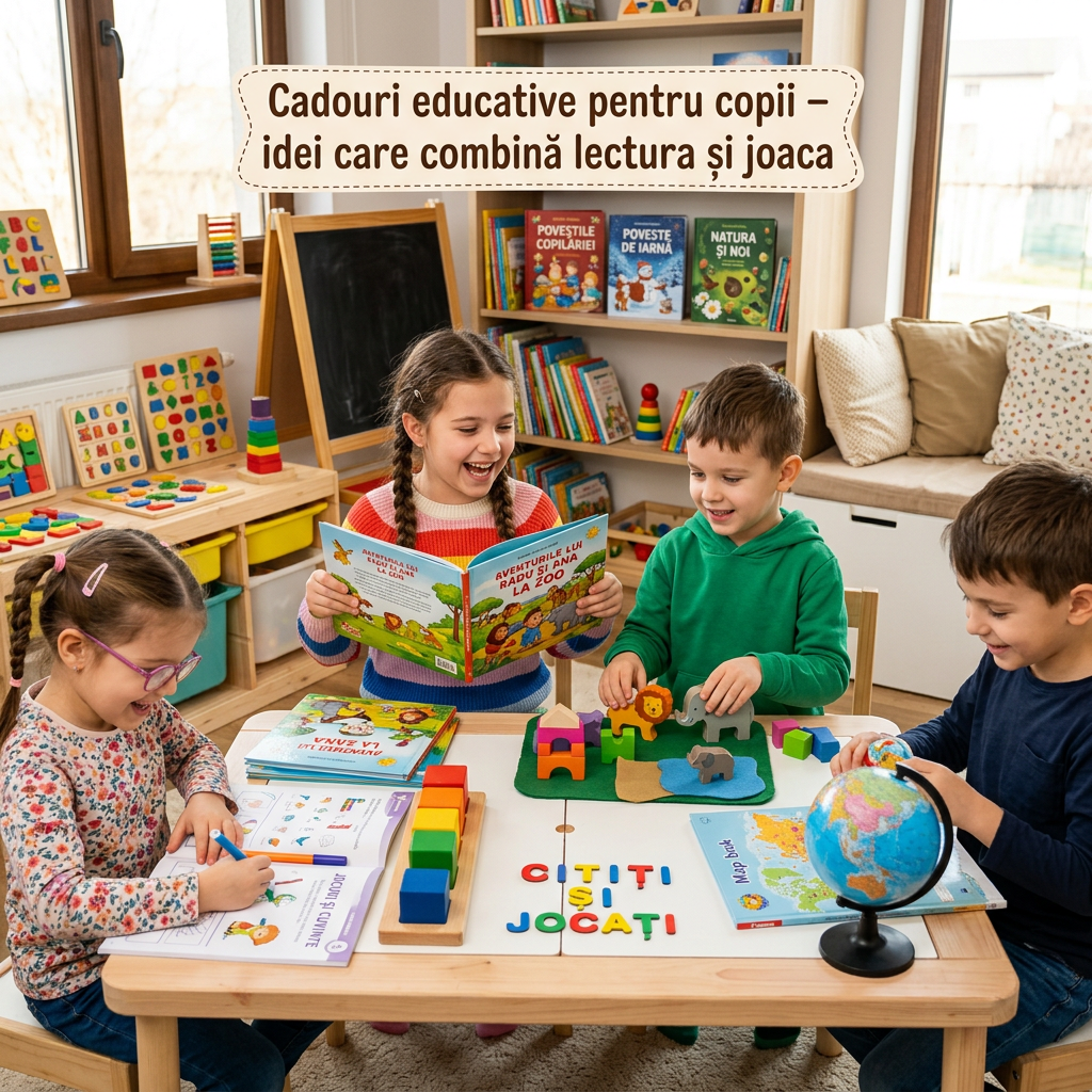 Copii citesc și se joacă; text: „Cadouri educative pentru copii – idei care combină lectura și joaca”